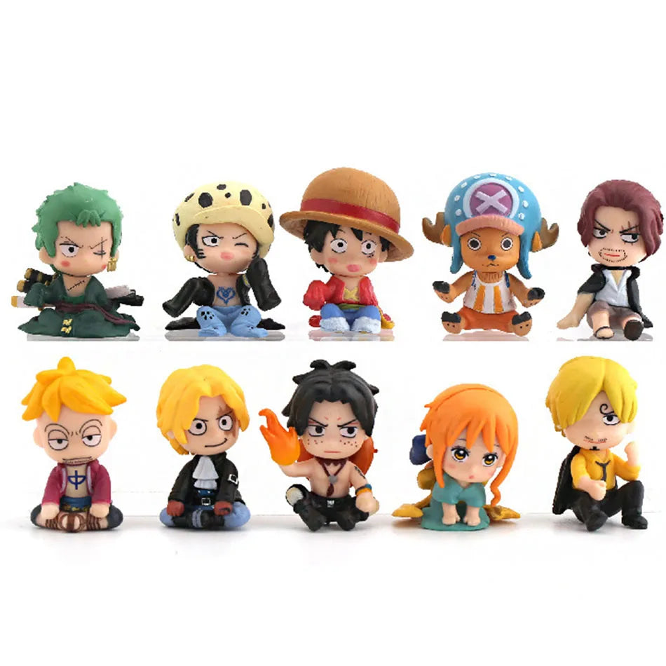 Lot de 10 figurines One Piece Luffy Roronoa Zoro 4 cm, version Q, Kawaii, décoration de voiture, modèle en PVC, cadeau