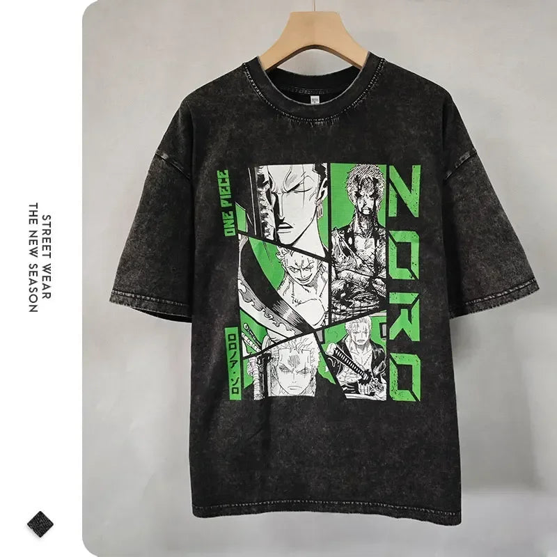Roronoa Zoro T-shirts One P-Piece T-shirt Vintage Washed Anime Streetwear Oversized L-Luffy Manga Tops Tees 100% Cotton - One Piece Merchandise - Free Shipping Buy Now