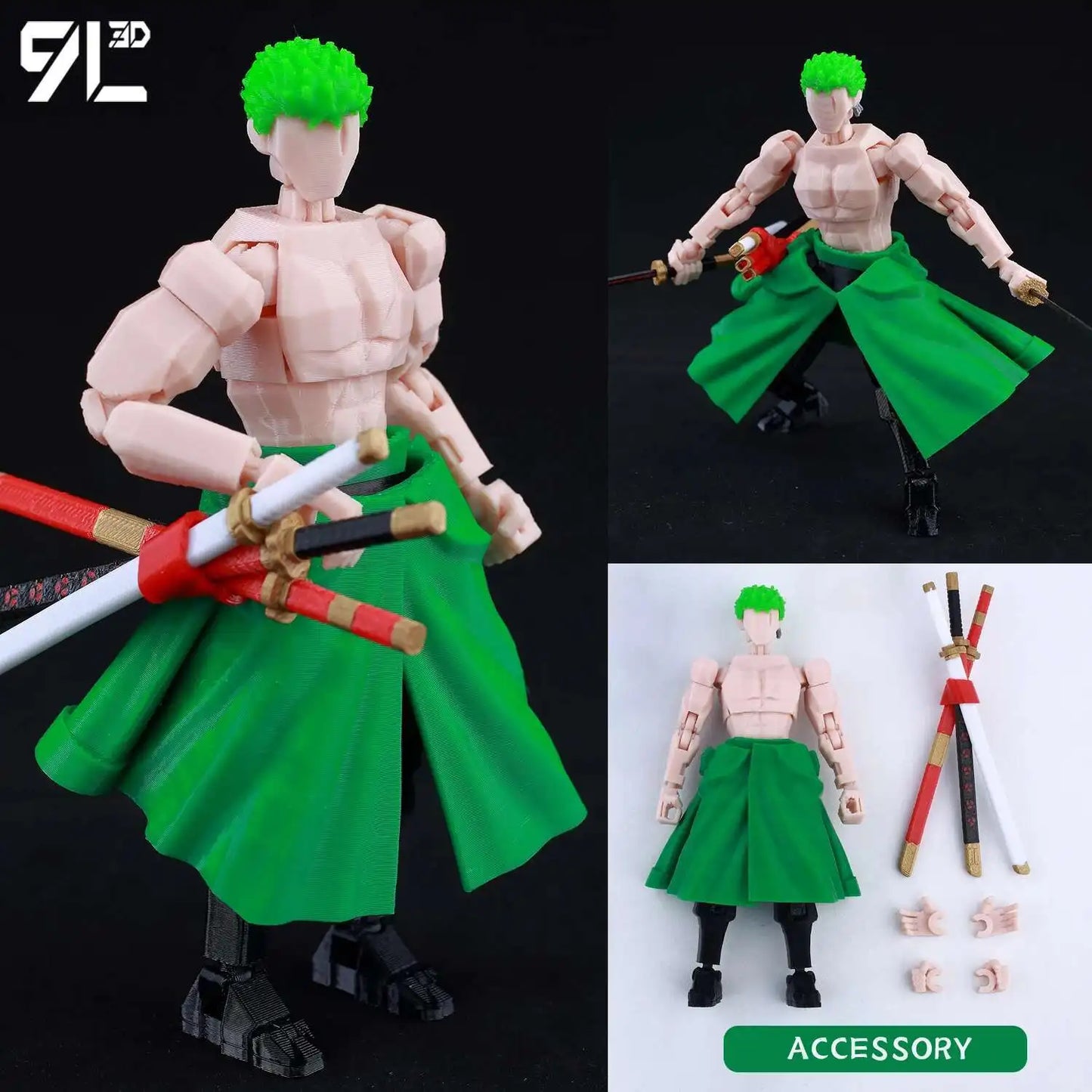 9L 3D-gedruckte Roronoa Zoro One Piece Lucky Dummy, 13 bewegliche Shapeshift-Actionfiguren, Schaufensterpuppen-Spielzeug für Anime-Liebhaber