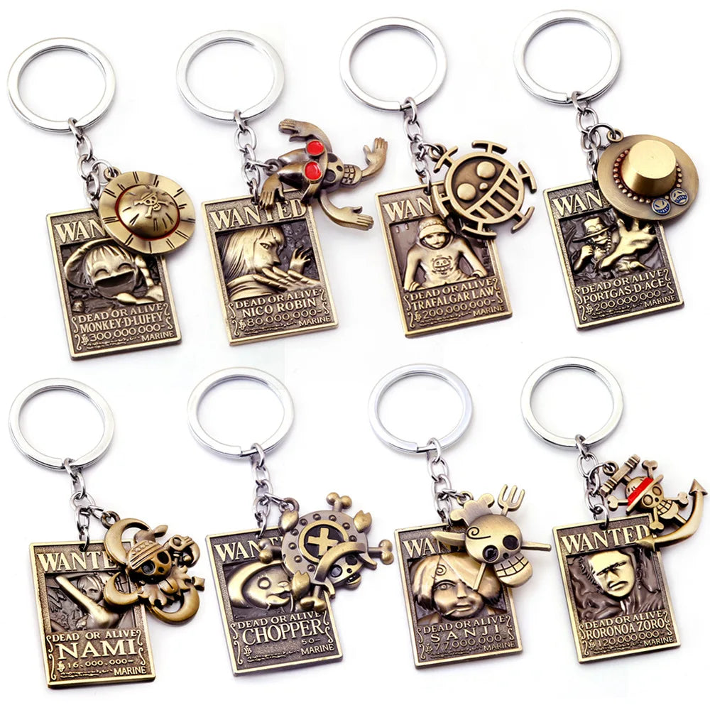 Porte-clés en métal avec affiche de recherche One Piece, Luffy Ace, Sanji, Nami, Robin, Zoro, Chopper, Trafalgar Law, pendentifs pour voiture