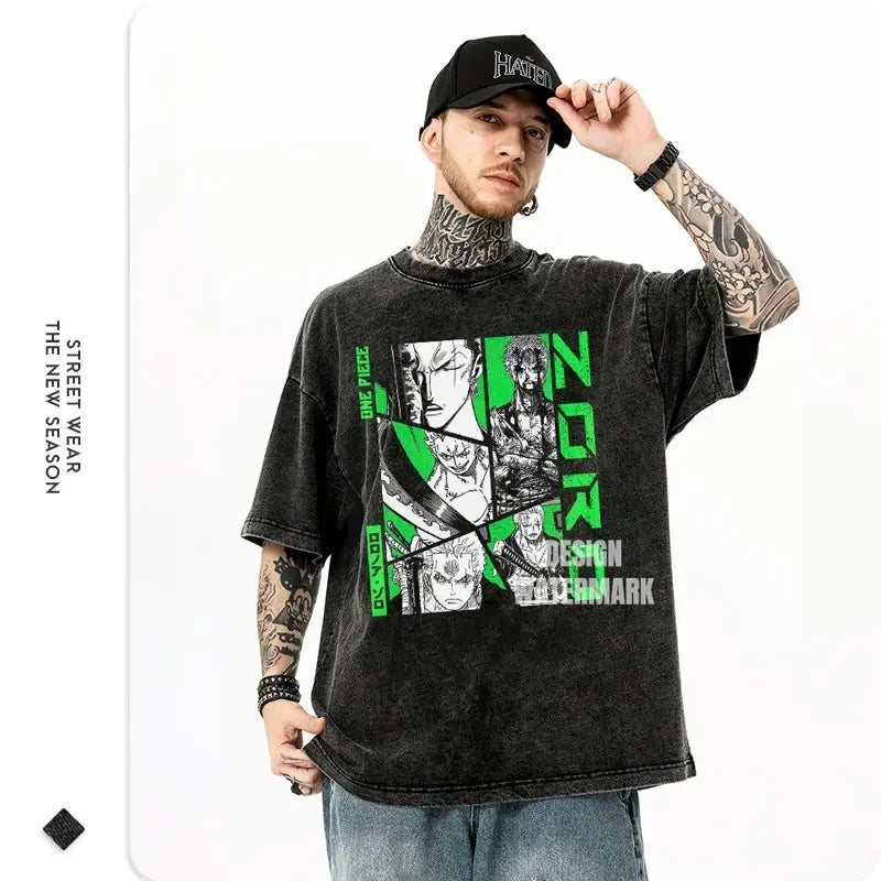 Roronoa Zoro T-shirts One P-Piece T-shirt Vintage Washed Anime Streetwear Oversized L-Luffy Manga Tops Tees 100% Cotton - One Piece Merchandise - Free Shipping Buy Now