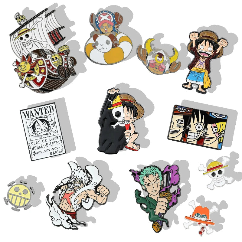 One Piece Emaille-Broschen Cartoon Luffy Zoro Nami Chopper Sanji Lysop Anime Actionfiguren Metallabzeichen Rucksack Anstecknadeln Spielzeug