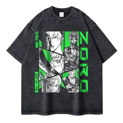 Bilibili Roronoa Zoro T-shirts Vintage Washed Anime One P-Piece T-shirt Streetwear Oversized L-Luffy Manga Tops Tees 100% Cotton - One Piece Merchandise - Free Shipping Buy Now