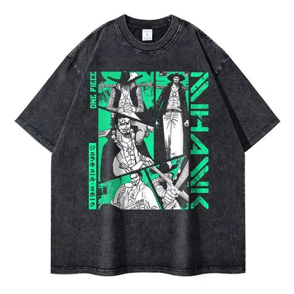 Bilibili Roronoa Zoro T-shirts Vintage Washed Anime One P-Piece T-shirt Streetwear Oversized L-Luffy Manga Tops Tees 100% Cotton - One Piece Merchandise - Free Shipping Buy Now