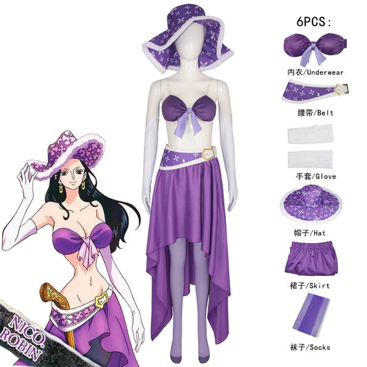 Robin Cosplay 15 Jahrestag Lila Nico Robin Kleid Cosplay Kostüm Halloween Weihnachten Kostüm 6PCS Mit EINEM Hut Zubehör