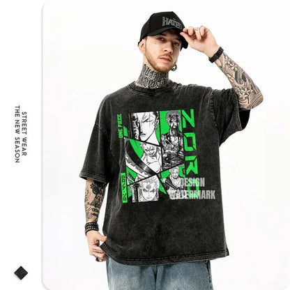 Bilibili Roronoa Zoro T-shirts Vintage Washed Anime One P-Piece T-shirt Streetwear Oversized L-Luffy Manga Tops Tees 100% Cotton - One Piece Merchandise - Free Shipping Buy Now