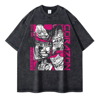 Bilibili Roronoa Zoro T-shirts Vintage Washed Anime One P-Piece T-shirt Streetwear Oversized L-Luffy Manga Tops Tees 100% Cotton - One Piece Merchandise - Free Shipping Buy Now