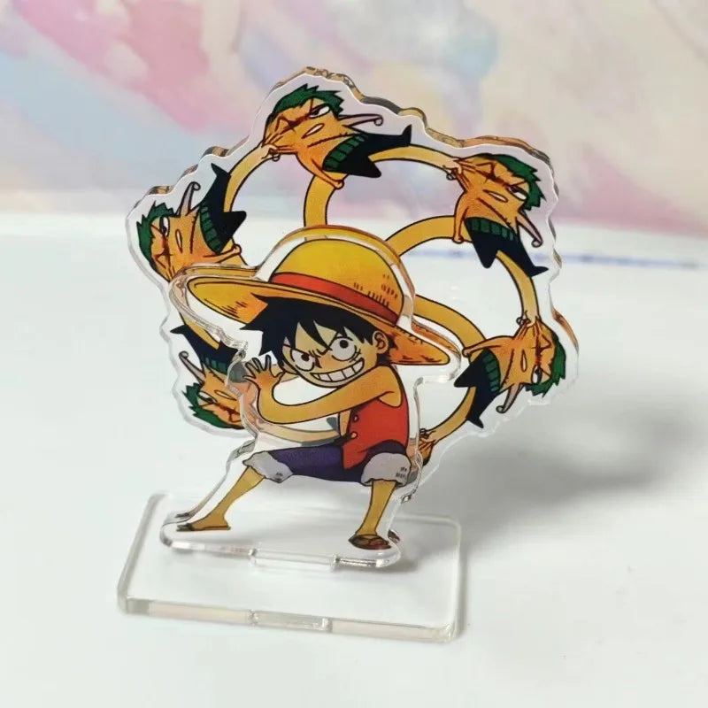 Figurines d'action One Piece Luffy en acrylique, support rotatif créatif, ornements de bureau, dessin animé Zoro, bijoux de bureau, cadeaux, jouets
